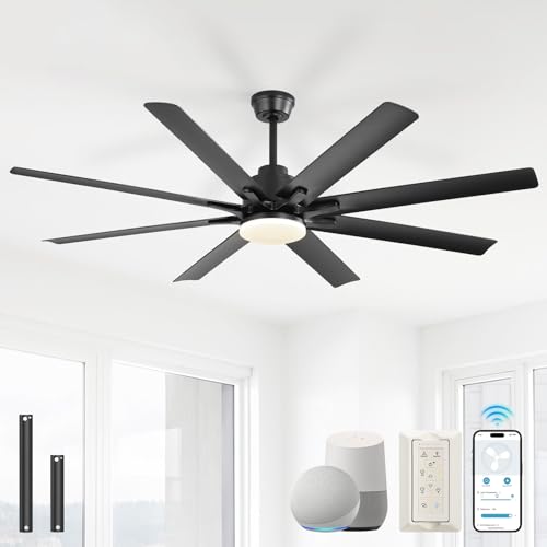 Image of Sofucor 52 Inch Ceiling Fans with Lights, Smart Indoor /Outdoor Ceiling Fan With Remote, Work with Alexa /Google, Quiet Reversible DC Motor, 6-Speed, 8 Blade Black Ceiling Fans for Patio Bedroom Garage