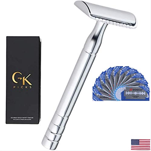 GK Picks  Premium Long Handle 3 Piece Safety Razor Double Edge Traditional Razor Kit includes 10 Blades
