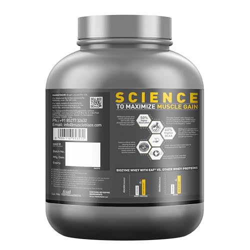 Image of MuscleBlaze Biozyme Performance Whey Protein Powder, Magical Mango (2kg / 4.4lbs) & Micronised Creatine Monohydrate CreAMP Powder, Unflavoured (32 Servings, 100g) | Pack of 2