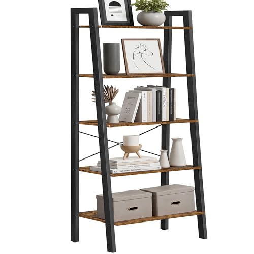 VASAGLE Ladder Shelf, 5-Tier Bookshelf, Storage Rack, Bookcase with Steel Frame, for Living Room, Home Office, Kitchen, Bedroom, Industrial Style, Rustic Brown and Ink Black ULLS45X