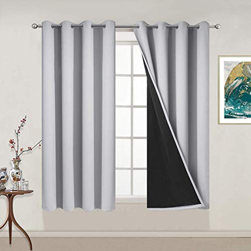 Image of Yakamok 100% Blackout Curtains Energy Saving Thermal Insulated 2 Thick Layers Completely Blackout Drapes with Black Liner for Bedroom (52Wx54L, Light Grey, 2 Panels)