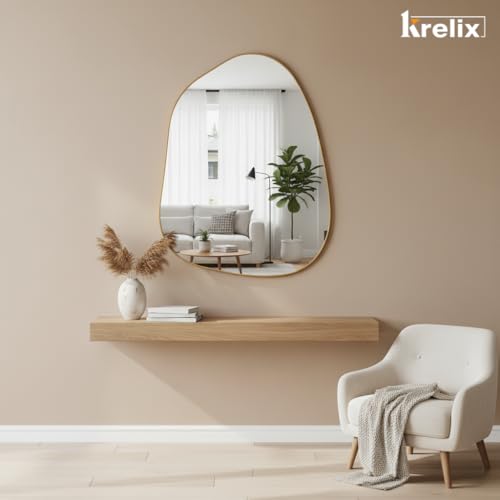 Image of 12x18 Inch Gold Irregular Asymmetrical Wall Mirror - Modern Plastic Frame, Decorative Wall-Mounted Mirror for Bathroom, Bedroom, Living Room & Entryway(Gold, Pebble)
