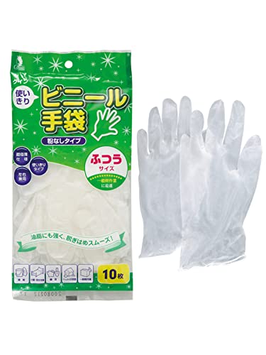 宇都宮製作 ビニール手袋 ふつうサイズ 半透明 10枚入 粉なし 使い捨て手袋 クイン PVC0604PF-TP