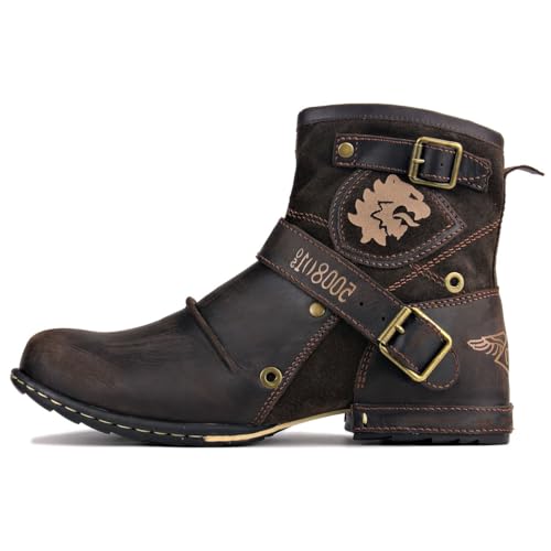 Mens Chukka Biker Cowboy Stylish Motorcycle Combat Hiking Fashion Casual Cowhide Leather Ankle Side Zipper Boots 5008-1-DD1D22