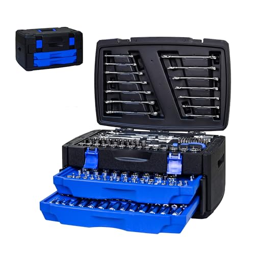 S.Walt 266-Piece Mechanics Tool Kit | Portable Locking Tool Box with Detachable Drawers | Carbon Steel All-in-One Hand Tool Set for Auto Home & DIY Repair