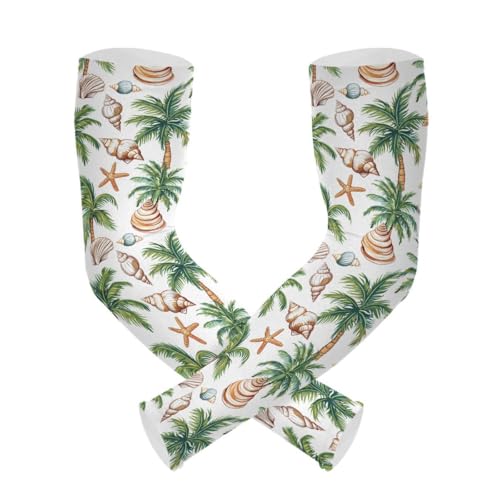 ALAZA Seashell Palm Tree Starfish White Gardening Sleeves Cooling Arm Sleeves Sun Protection Thumb Hole Arm Covers for Women Men