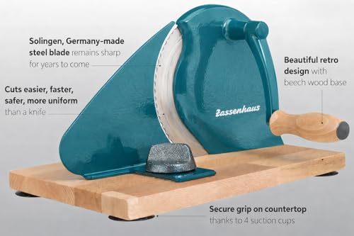 Image of Zassenhaus Original Classic Adjustable Bread Slicer for Uniform Slices - Bread Slicer for Homemade Bread - 18 /8 Stainless Steel Blade Sourdough Cutter-Water Blue 11.75 inch x 8 inch