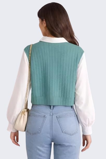 Image of Regular Fit Collared Knit Top for Women, Long Sleeve Casual T-Shirt, Black and White, Rib-Knit Material, Korean Trendy Style