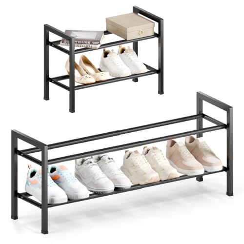 Image of Bumusty 2 Tier Expandable Shoe Rack for Closet, 18 inch-33 inch Adjustable Shoe Rack for Small Space, Small Shoe Organizer for Front Door, Sturdy Metal, Black