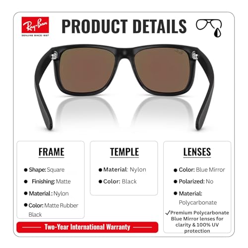 Image of Ray-Ban RB4165F JUSTIN COLOR MIX CLASSIC LOW BRIDGE FIT Square Shape Sunglasses for Men with Official Eyewear Kit