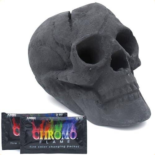 OSKER Fire Pit Skull with Fire Color Changing Packets | Ceramic Fireproof Log for Bonfire Campfire Fireplace Firepit | Halloween Decor | Gas Propane or Wood Fires | 9 Inch - Black