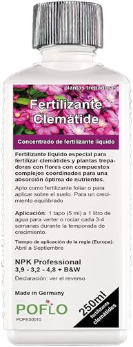POFLO Fertilizante profesional para clemátides y plantas trepadoras en flor con nutrientes específicamente adaptados a la planta. (250ml)