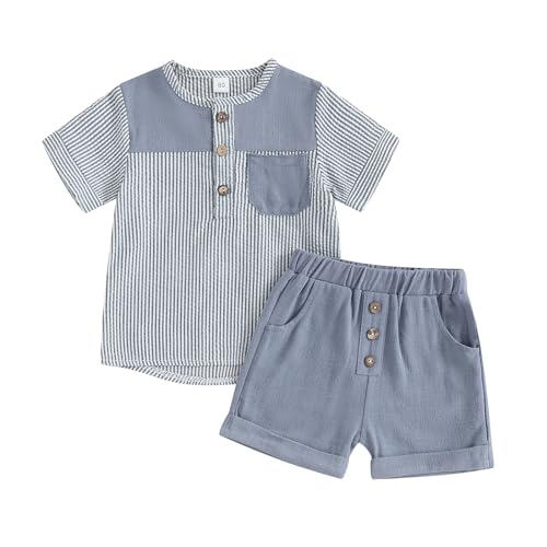 Karesoull Toddler Baby Boy Linen Outfit Short Sleeve Pocket T-shirt Top and Rolled Shorts Summer Clothes Set (X - Blue stripe, 18-24 Months)