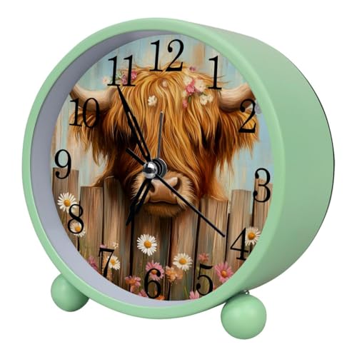 Luoweisi Reloj despertador con diseño de vaca de las tierras altas, casa de campo, silencioso sin tictac con luz nocturna, reloj despertador redondo de metal para oficina, funciona con pilas