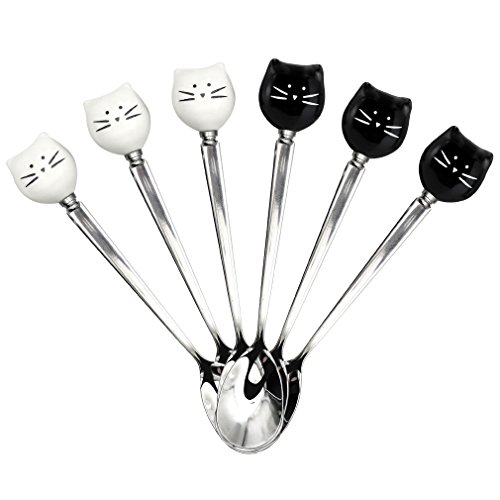 Asmwo Cute Funny Cat Spoon Set for Cat Lover Spoons for Stirring Tea Coffee Espresso Sugar Dessert,Black and White,5.7-Inch,Pack of 6
