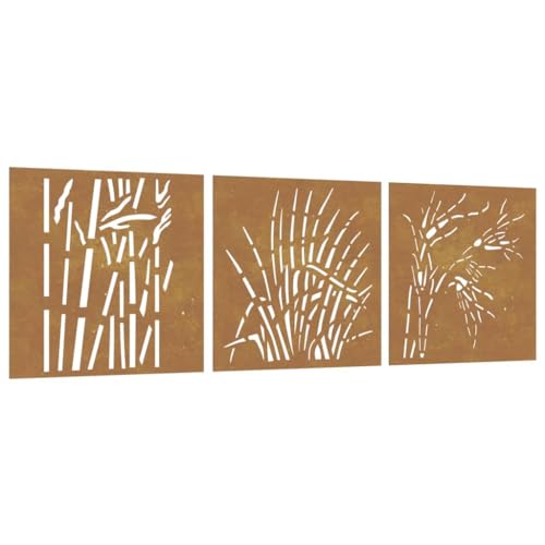 vidaXL Adorno Pared jardín 3 uds Acero corten diseño Hierba 55x55 cm, Adorno Pared jardín, Adorno Metal Pared jardín, Adorno de Pared para jardín