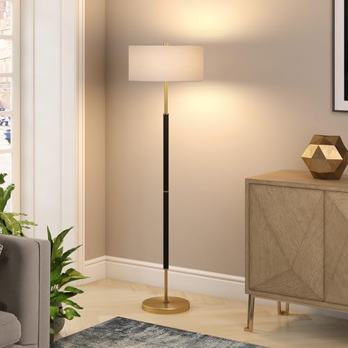 Henn&Hart FL0159 2-Light Floor Lamp With Fabric Shade In Matte Black/Brass/White thumb #1