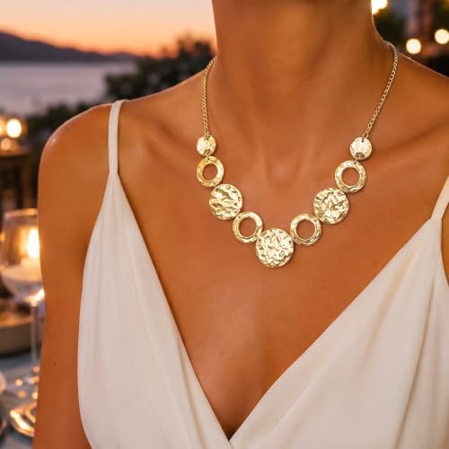 YANCHUN Chunky Silver Gold Necklace for Women Geometric Hammered Circle Bib Pendant Statement Necklace Long Adjustable Trendy Collar Chain Elegant Modern Fashion Jewelry Gift for Her — view 3