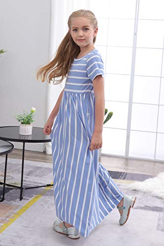 GORLYA Girl's Short Sleeve Floral Print Loose Casual Holiday Long Maxi Dress with Pockets (14Years/Height:160cm, Blue Stripe)