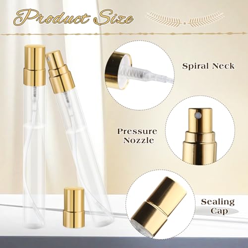 30 Pcs 10ml/0.34oz Mini Spray Bottle Glass Fine Mist Perfume Atomizer Empty Sample Containers with Golden Lids for Travel Cleaning Essential Oils3