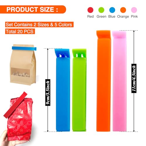 ANMOYIXIA Verschlussclips 20 Stück, Tüten Verschluss Clips Für Tüten, frischhalteclips Tütenclips Klammern 9/11cm, Bunte Clips für Verpackung (20 PCS(5 Farben))