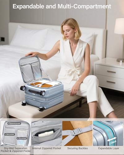 Image of Hanke 45cm Expandable Mini Cabin Trolley Bags, Hard Shell Polycarbonate Top Opening Suitcase, 8 Silent Spinner Wheels, Lightweight Carry On Luggage for Daily Commute & Short Travel,Grey