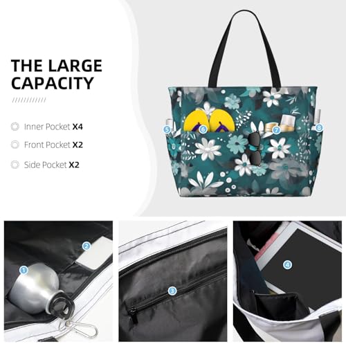 Teal Grey And White Floral Large Capacity Waterproof Sandproof Multifunctional Beach Travel Camping Picnic Storage Bag3