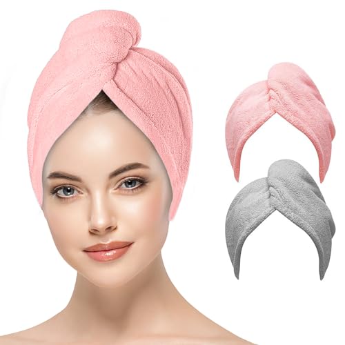 AIAOO 2 Pack Microfiber Hair Towel Wrap Ultra Soft Super Absorbent Fast Drying Turban with Secure Buttons Anti Frizz for Curly Long Thick Fine Hair Home Gym Travel Spa Daily (Grey,Pink)