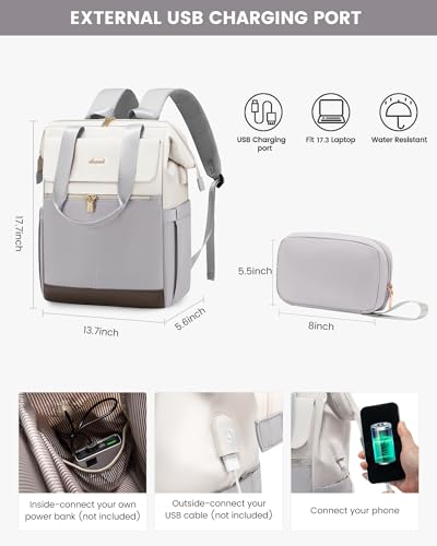 Image of LOVEVOOK Laptop Backpack for Women with Giant Tumbler Holder, 17.3 Inch Work Laptop Bag with USB Port, Fashion Teacher Nurse Backpack Purse, Waterproof Travel Computer Backpack, 2PCS, Beige-Light Grey