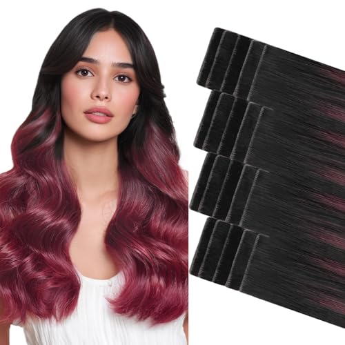 GOO GOO Invisi Edge Tape in Hair Extensions Human Hair, 1/99 Balayage Jet Black to Red, 20pcs 20inch 50g, Virgin Remy Hair, Seamless Injected Tape, Natural Look