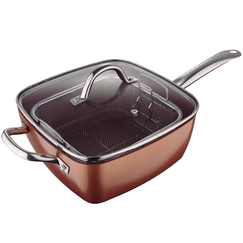 Poêle antiadhésive carrée de 24 cm avec panier à frire / 5 fonctions en 1 / En aluminium pressé / Revêtement Multiclad / Tous types de cuisinières