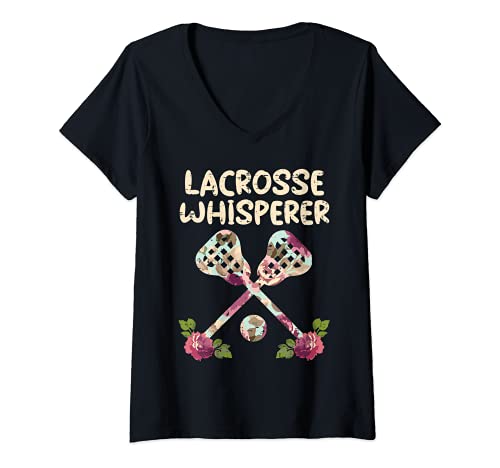 Femme Floral Lacrosse Whisperer Flower Cute Lax Player Girls Women T-Shirt avec Col en V