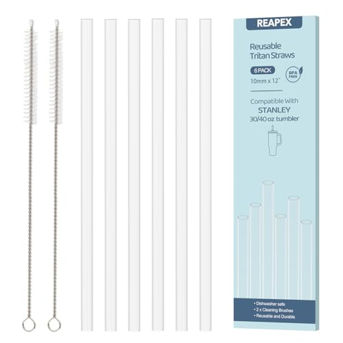 6 Stück Stanley Cup Strohhalm, 30cm Tritan Wiederverwendbare Plastikstrohhalme mit 2 Reinigungsbürsten, Stanley Cup Zube...
