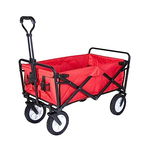 WYJRO Rot Bollerwagen Faltbar,Garten Handwagen Faltbar Breite Tragfähigkeit 100Kg Reifen Transportwagen Kapazität 100L Mit Seitentasche Verstellbarem Griff