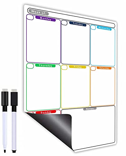 Image of Awestuffs Magnetic Whiteboard Sheet for Fridge /Office /Metal Wardrobe - Stain Resistant Dry Erase Flexible Writing Whiteboard Sheet with 2 Marker Pens (Weekly Planner [31 x 23 cm] (Medium))