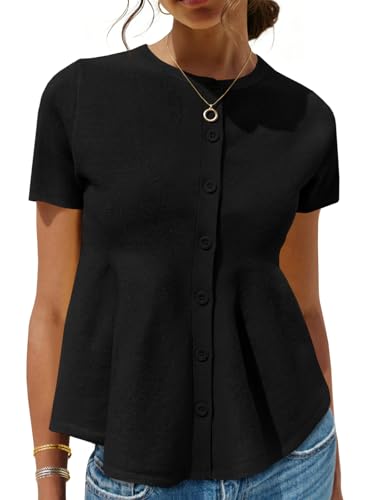 Image of Saodimallsu Womens Short Sleeve Cardigans Ruffle Button Down Crew Neck Peplum Babydoll Knit Sweater Tops
