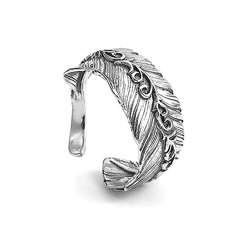 Sterling Sliver Oxidised Angel Feather Open End Wrap Ring Full UK Hallmark, Dark Silver, Large