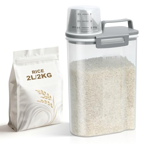 TBMax 2L/5L Rice Storage Container - Small Food Storage Container for Beans Flour Washing Powder Portable Cereal Storage Container with Lid (2L-Light Grey)