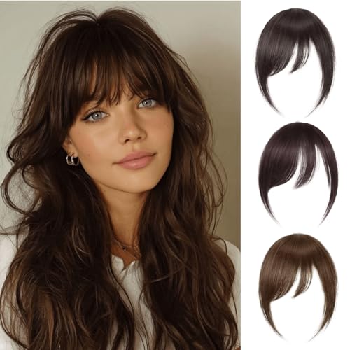 Long Side Bangs Hair Clip - 100% Real Human Hair Clip-In Extensions | Dark Brown Straight Fake Fringe with Temple | Thick Swept Bangs for Women