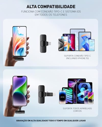 Microfone de Lapela Sem Fio (Tipo C) Kit com 2 Peças Compativel Com IOS e Android Redução de Ruí