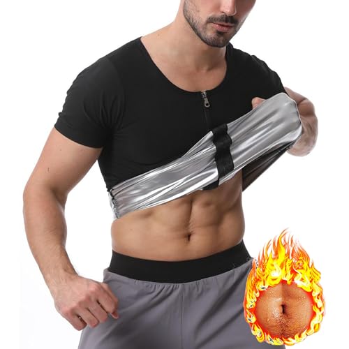 Vuirrm Sauna Vest for Men, Mens Sauna Shirt Short Sleeve with Zipper, Men's Slimming Body Shapewear Tummy Control Sweatshirt,S/M,Silver