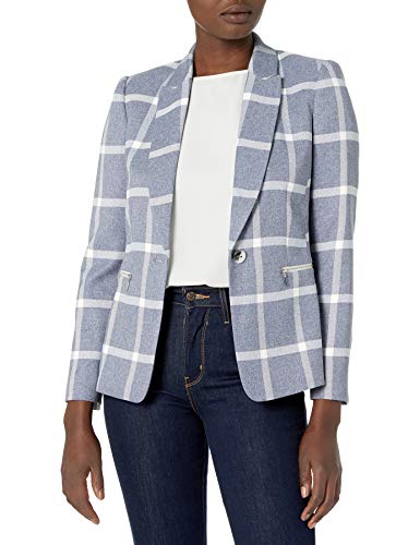 Tahari ASL Women's Undercollar Combo Jacket with Zippers, Blue White Plaid, 16