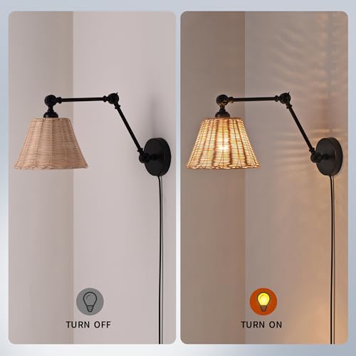 Image of SUNLLOK Modern Plug in Wall Sconces with Switch - Industrial Swing Arm Rattan Lampshade Wall Light Fixture - Indoor Metal Rustic Reading Wall Mounted Lamp Decoration for Living Room, Bedroom
