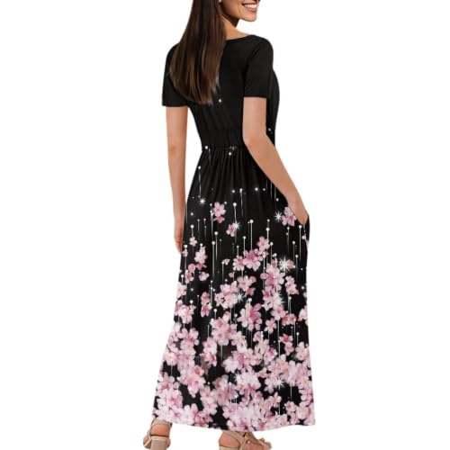 Image of Women's Fall Summer Short Sleeve Ankle Length V-Neck Party Dress with Pockets Size S-3XL