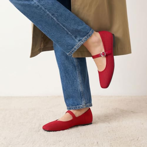 Image of FITORY Flats for Women, Mary Jane Ballet Square Toe Knit Ankle Strap Shoes | Memory Foam, Comfortable, Foldable, Washable, Office, Dressy, Casual, Daily, Walking