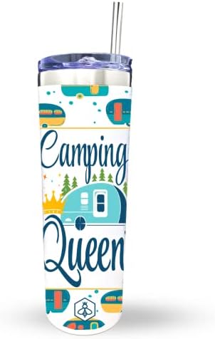 Biddlebee Insulated Tumbler with Lid and Straw | Reusable Travel Tumblers for Cold Brew, Water, Smoothie & Tea | 20oz Iced Coffee Cup With Lids & Stainless Steel Straws | Camping Queen | Camping Gifts