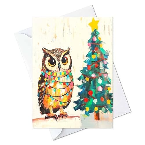 Owl Tangled in Christmas Lights Greeting Cards - Cards with Envelopes - (Set of 10) Large 5.8 x 8.3