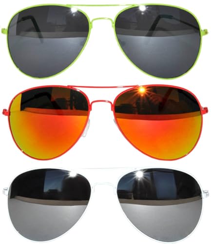 Image of OWL Set of 3 Pack Aviator Style Sunglasses Colored Metal Frame Mirror Lens Smoke Lens