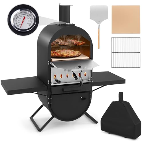 GYMAX Four à Pizza à Bois de 2 Couches, Four à Pizza Extérieur, Cuisson Facile avec Thermomètre, Température Max. 400℃, avec Gril de Barbecue, Pierre...