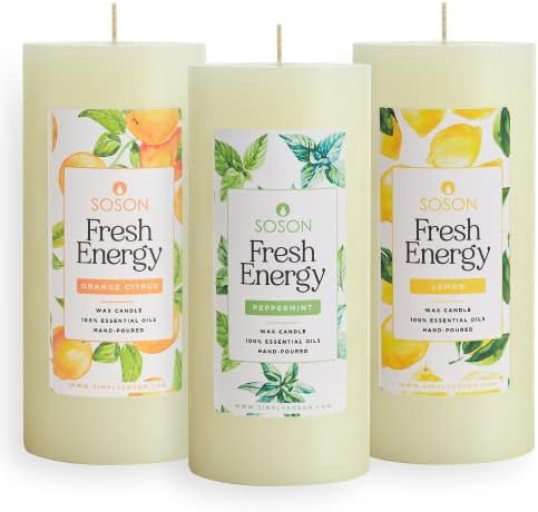 Simply Soson 3x6 Orange Citrus, Peppermint, Lemon Candles Set of 3 | Scented Pillar Scented Candles for Home Scented | Aromatherapy Candles Gifts for Women | Gift for Mom Odor Eliminating Candle